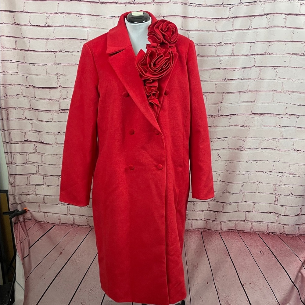 Boston Proper Red Trench Coat with Rosette Detail